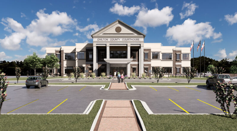 A rendering of the future courthouse in Clanton, Alabama. Rendering courtesy of Birchfield Penuel Architects.