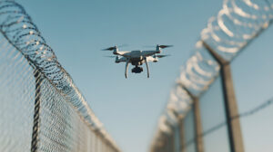 Drone Flying Near Barbed Wire. Remote aerial vehicle hovers in a secure location, emphasizing surveillance and boundary control in clear blue sky