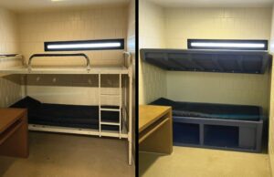 steel prison bunk beds on the left and molded prison bunk beds on the right