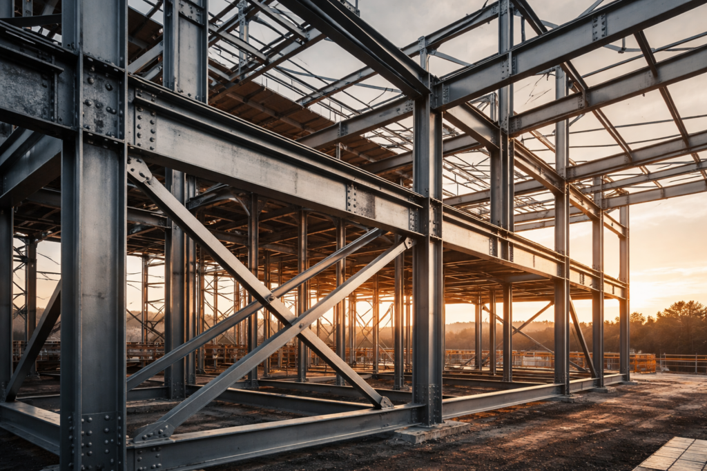 steel beams on a contruction sight with sunlight shining through