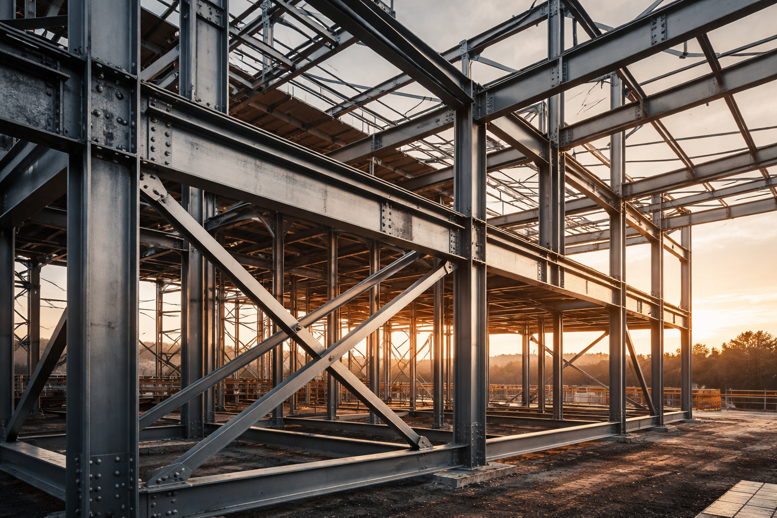 steel beams on a contruction sight with sunlight shining through