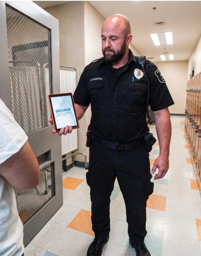 correctional officer holding a Securus tablet
