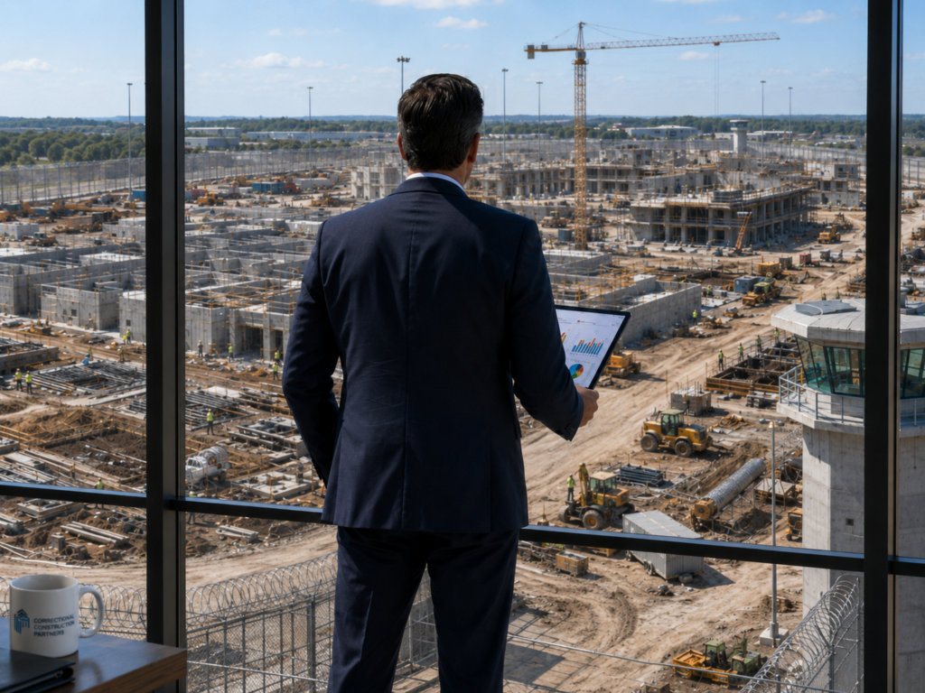 businessman looking through window at a correctional facility construction site