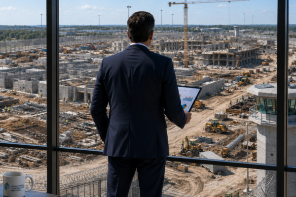 businessman looking through window at a correctional facility construction site