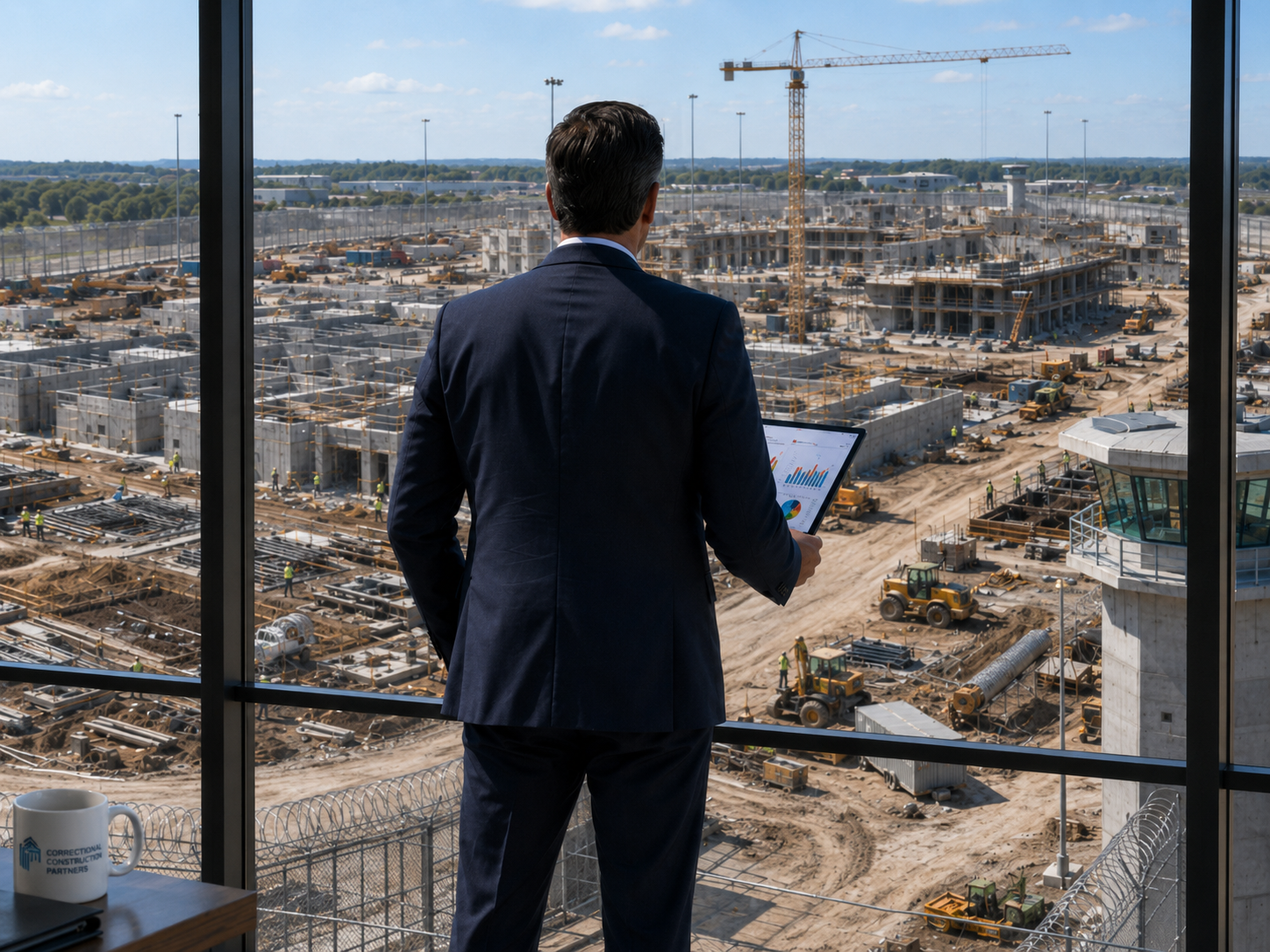 businessman looking through window at a correctional facility construction site
