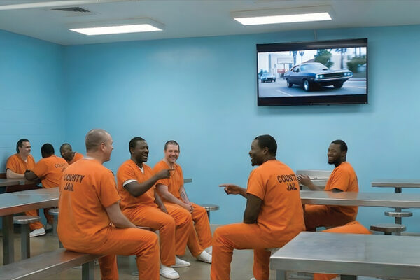 inmates in common area watching TV