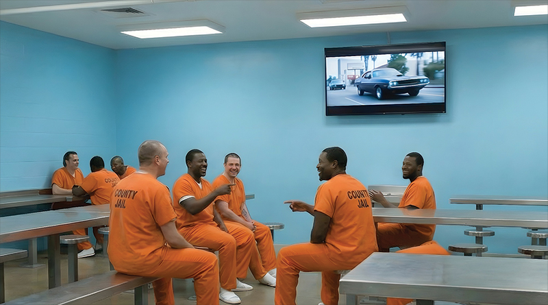 inmates in common area watching TV
