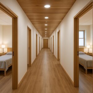 hallway showing dorm rooms in former prison