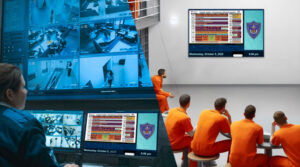 split screen of correctional staff security system and inmates watching TV