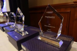 awards lined up on table