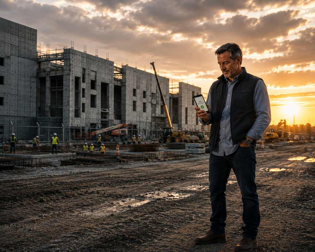 man looking at wire transaction on cell phone in front of correctional construction site