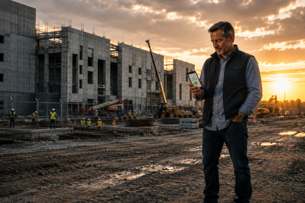 man looking at wire transaction on cell phone in front of correctional construction site