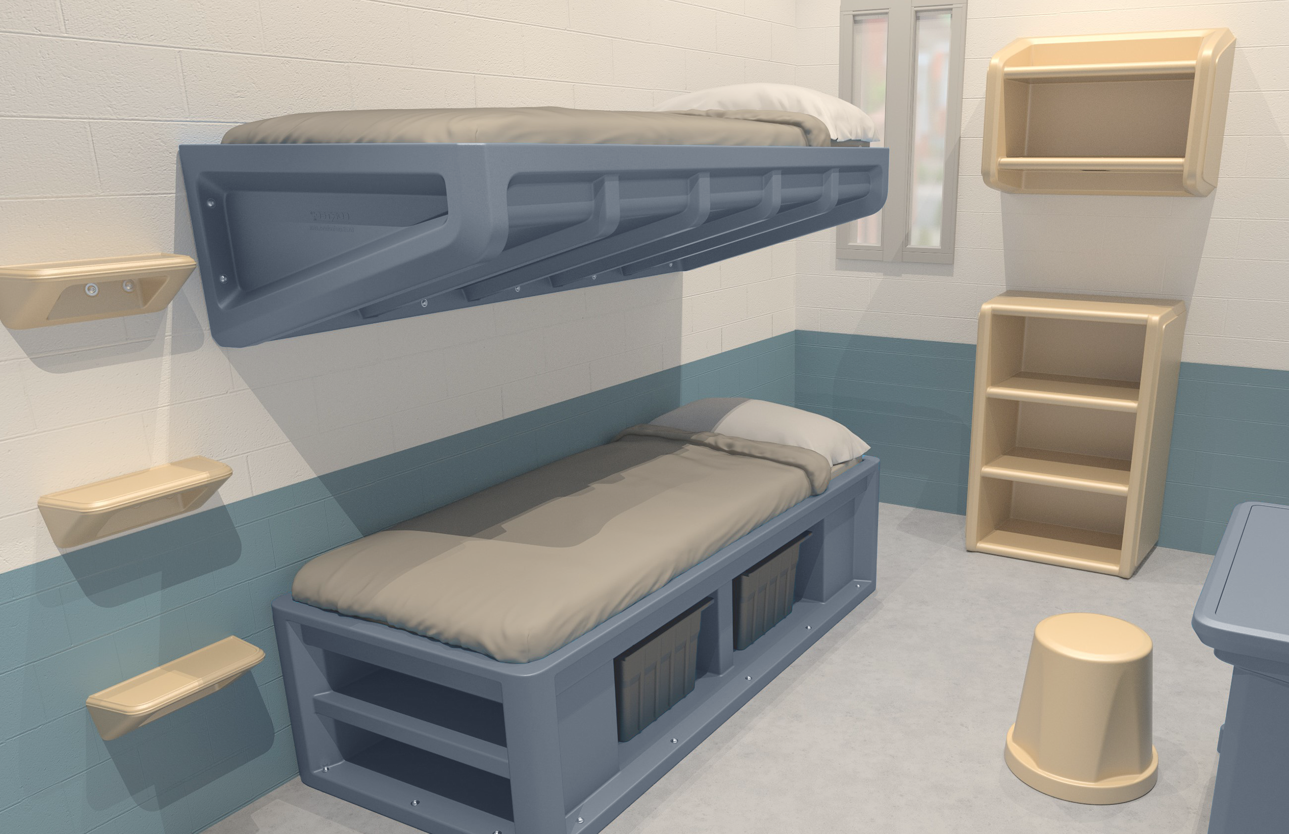 normative bunk beds and furnishings in jail cell
